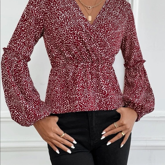 SHEIN Tops - Dalmatian Print Frilled Lantern Sleeve Overlap Collar Blouse